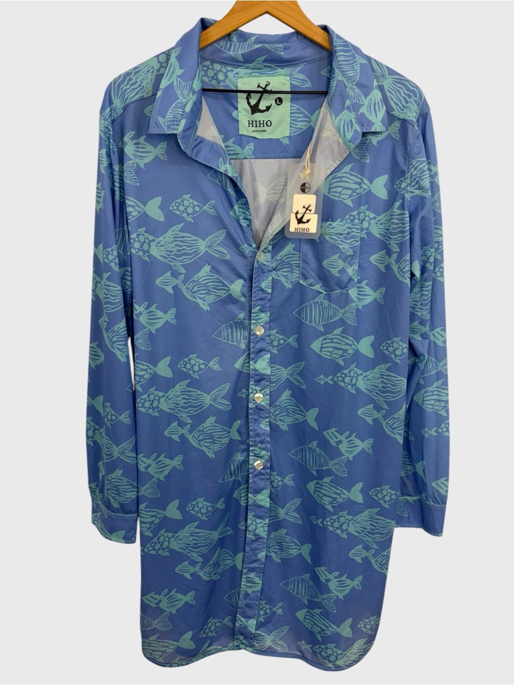 HIHO New with Tags Blue Fish Print Barbara Shirt Dress UPF 50+ Size Large